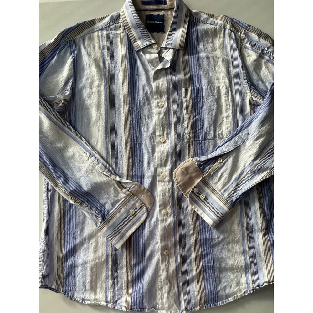 Tommy Bahama Mens Large Blue Striped Cotton Silk Blend Long Sleeve Button Shirt